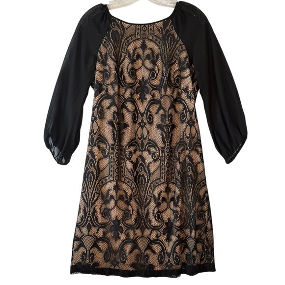 Simply Liliana Black Lace Sheath Dress Sheer Sleeves Tan Lining Sz. 6 - Picture 2 of 9